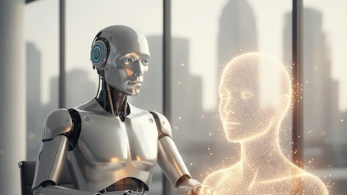 רובוט AI מקצועי מול דמות זיכרון דיגיטלית כסמל לגבולות מוסריים בבינה מלאכותית