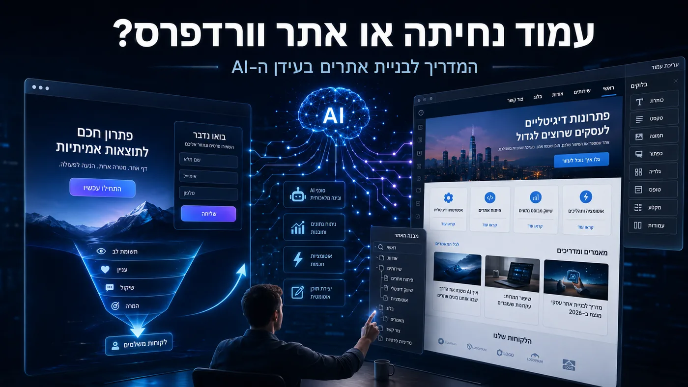 עמוד נחיתה ואתר וורדפרס עם AI, משפך לקוחות ואוטומציה עסקית