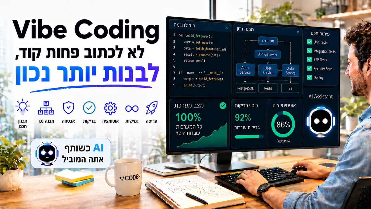 המחשה ויזואלית של וייב קודינג: תכנון חכם, מבנה נכון, אבטחה, בדיקות ואוטומציה סביב קוד
