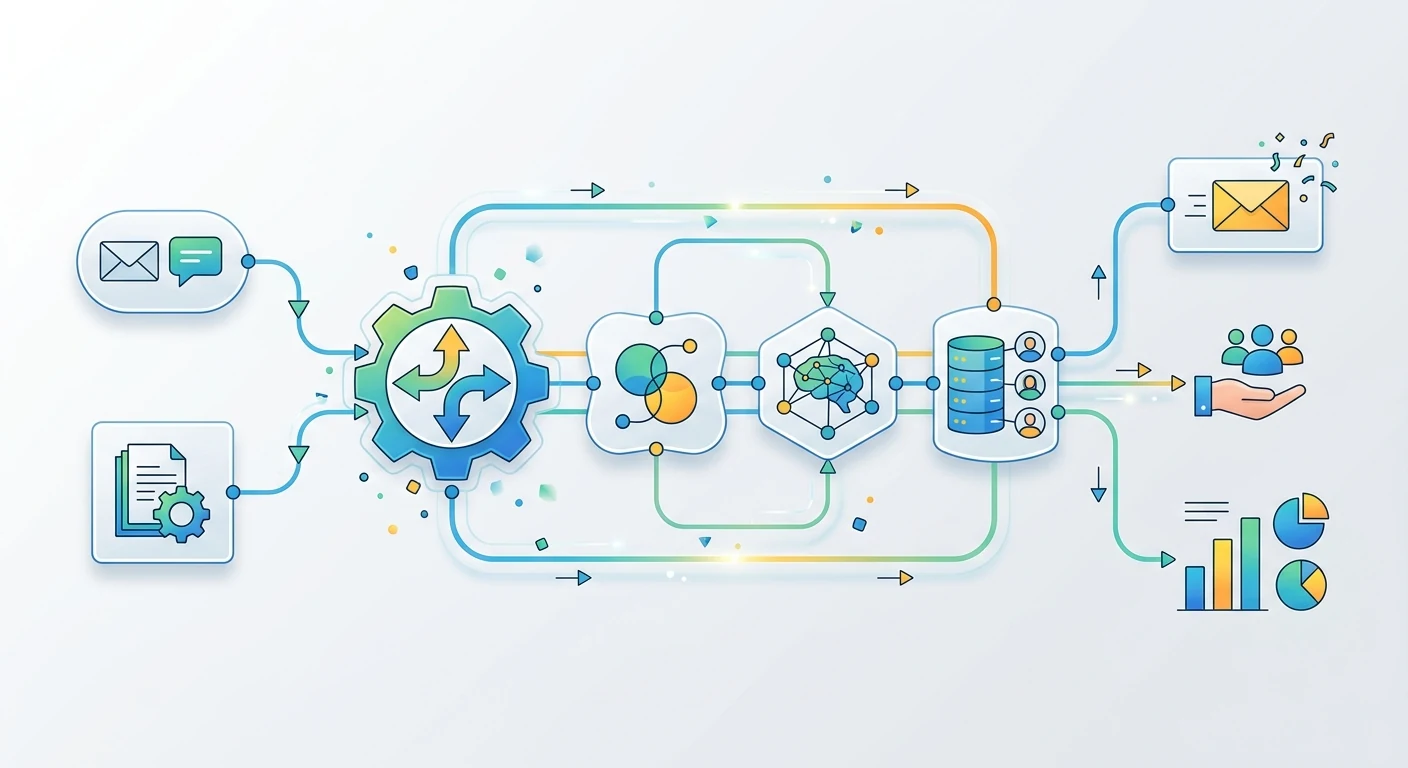 תרשים חזותי נקי של אוטומציה עסקית עם n8n, AI, CRM, API, מיילים ולוגים