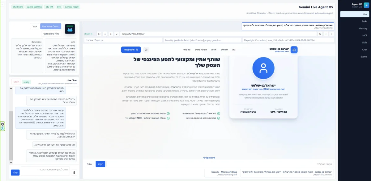 סוכן AI קורא אזור פרופיל מקצועי באתר מקומי דרך Desktop Live